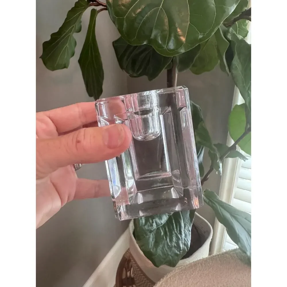 Vintage Pair MCM Art Deco Heavy Cut Crystal Block Candle Holders